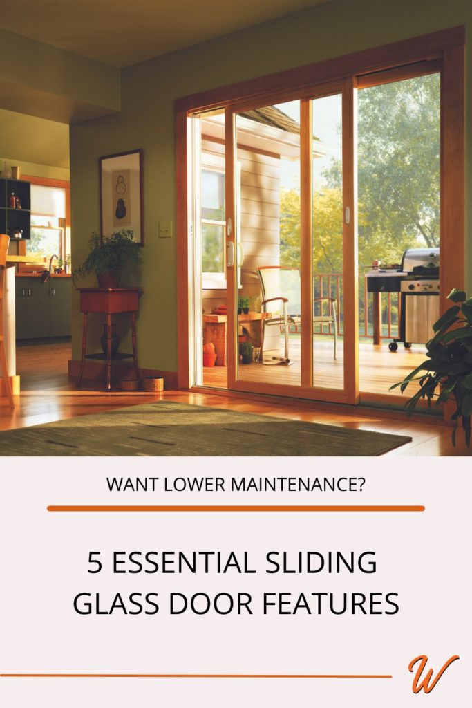 Image of a living room with an Andersen Narroline sliding glass patio door captioned with "want lower maintenance? 5 Essential sliding glass door features"
