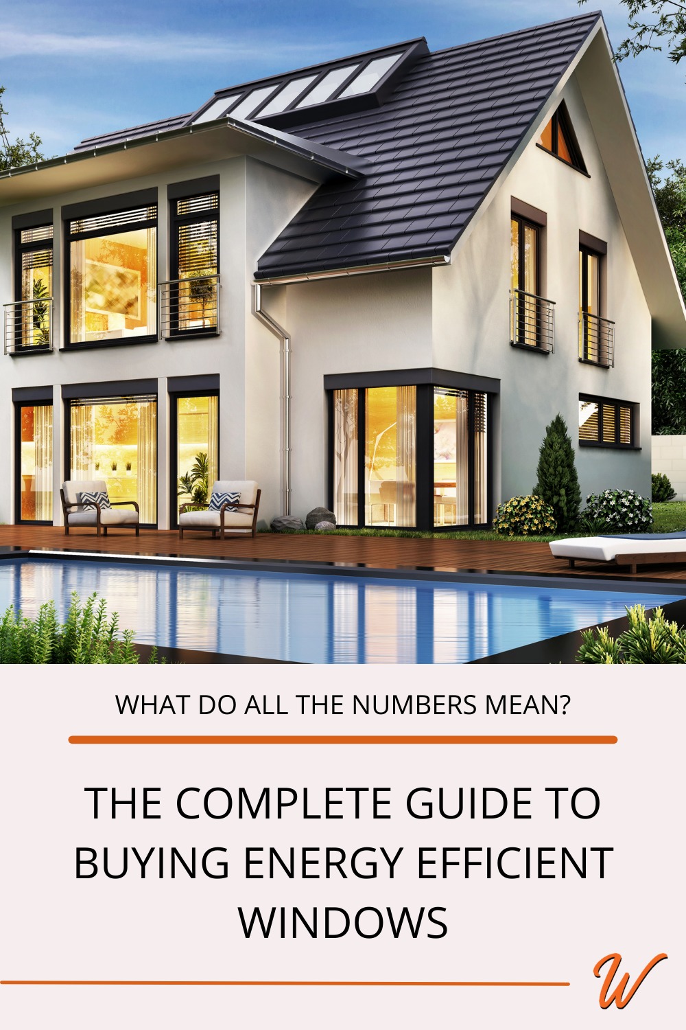 modern home with solar panels, pool, large black picture windows captioned with "What do all the numbers mean? The complete guide to buying energy efficient windows"
