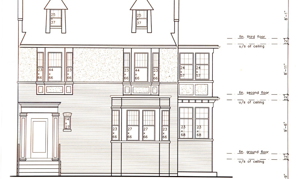elevation sketch of a three story traditional home exterior