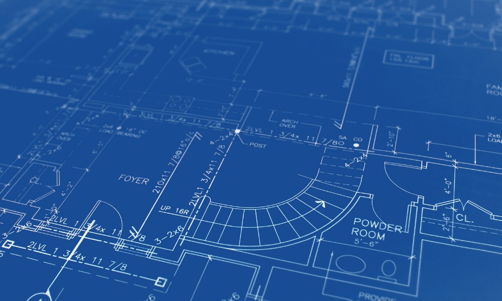 blueprint plans for a house, closeup of staircase and powder room portion of plan
