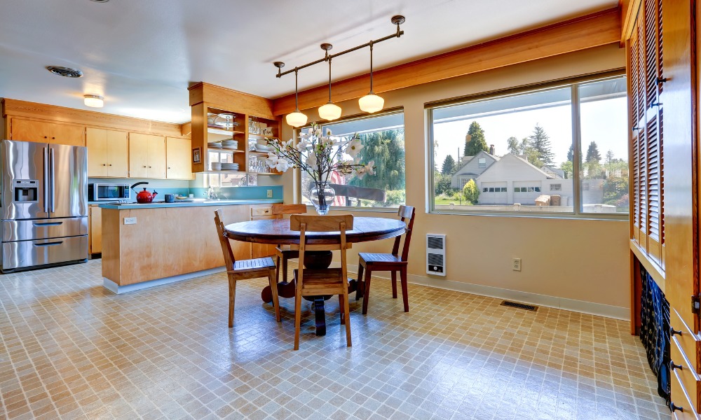 kitchen nook with large white picture windows