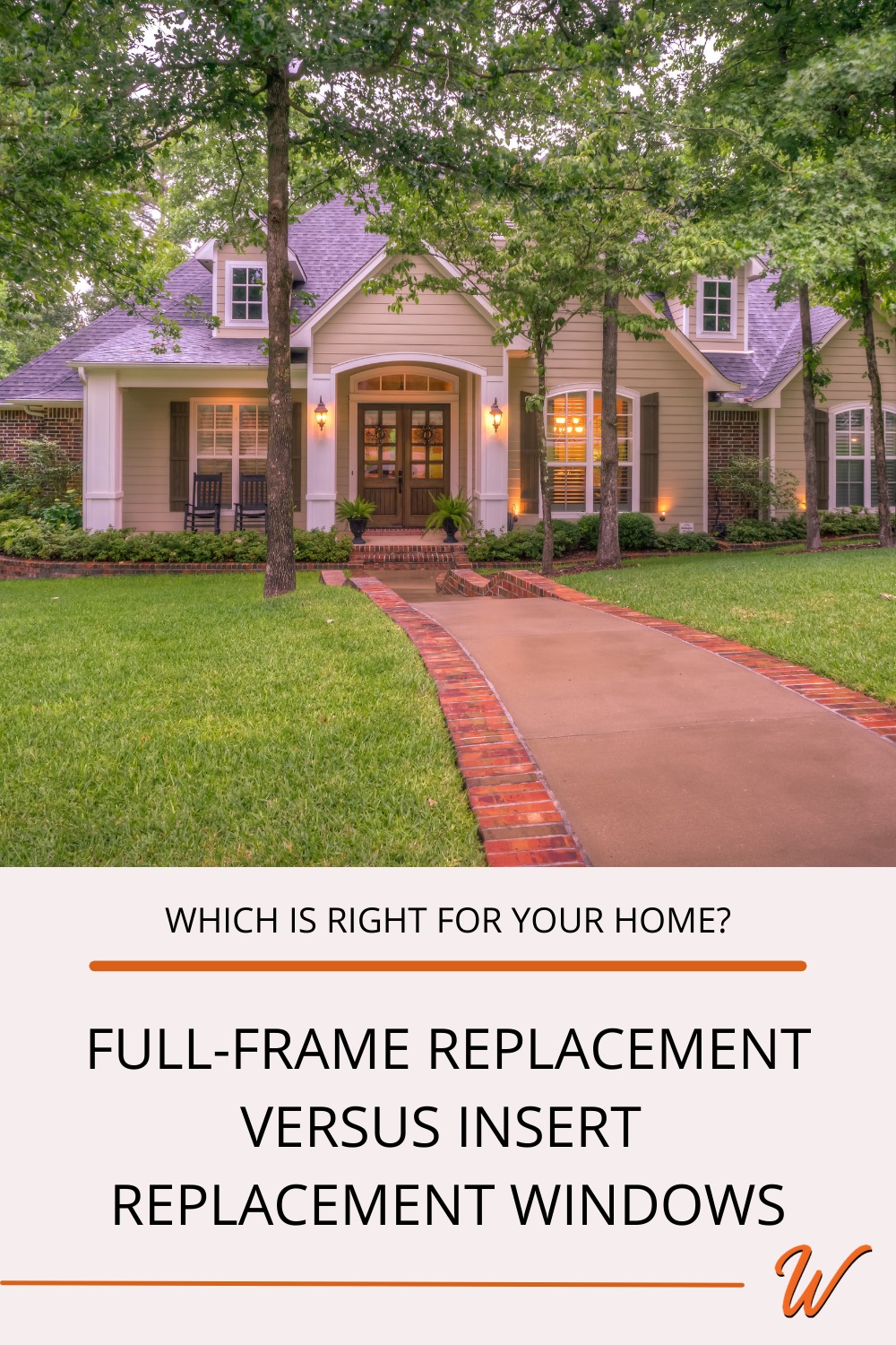 traditional home with double hung windows captioned with "Which is right for your home? Full-frame replacement versus insert replacement windows"
