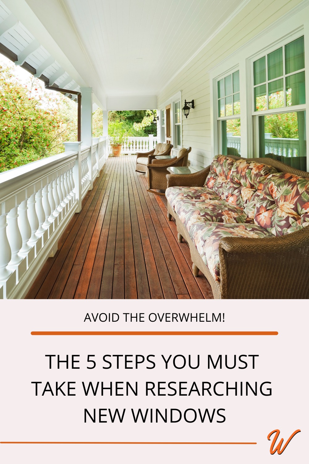 Front porch with Southern decor and white double hung windows captioned with 'Avoid the overwhelm! The 5 steps you must take when researching replacement windows'