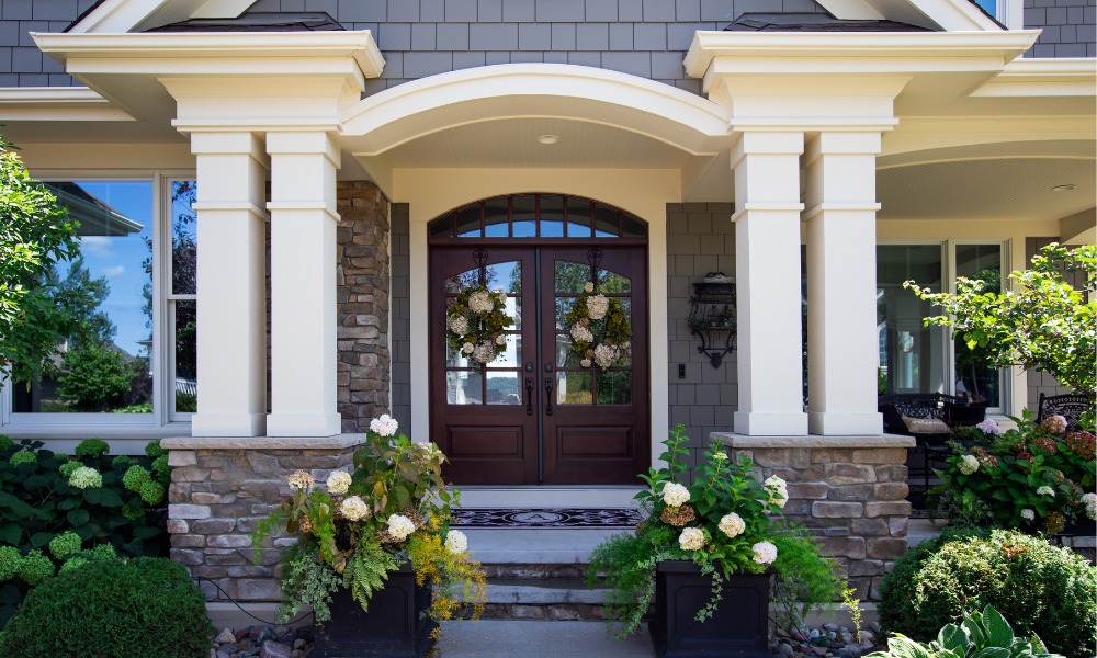 Wood double door with arched transom