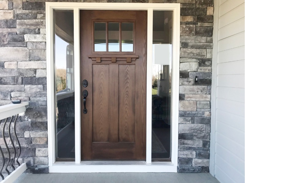 Wood, Craftsman style front door with sidelights with no grilles