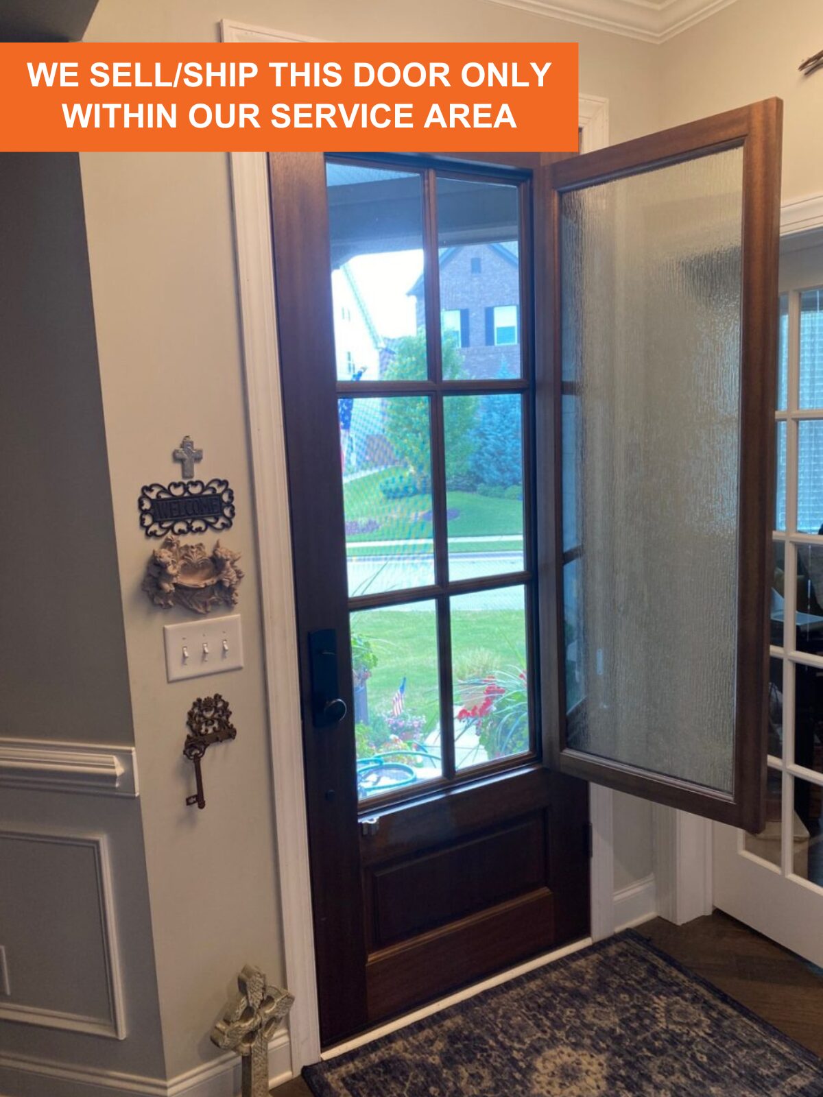 The DSA Breezeport door with the venting window fully opened. With screens to keep bugs out, this door is a stylish, functional, and unique alternative to a Dutch Door.