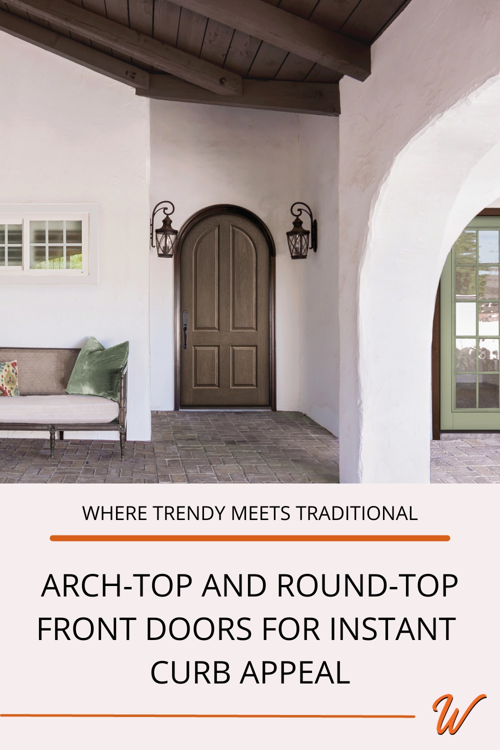 a wood round-top door in a Mediterranean style portico captioned with "where trendy meets traditional: Arch-top and round-top frond doors for instant curb appeal"
