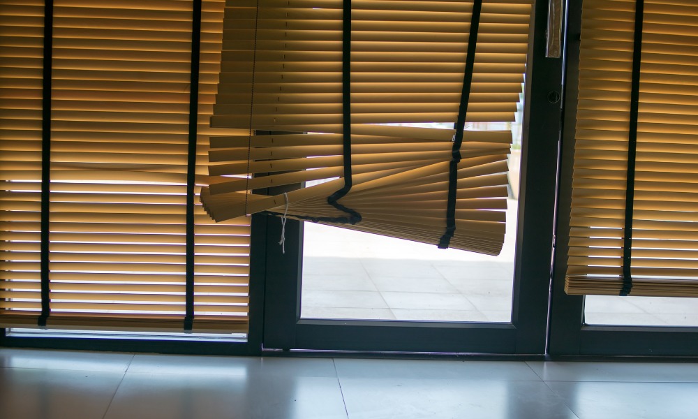 patio door with broken external blinds 