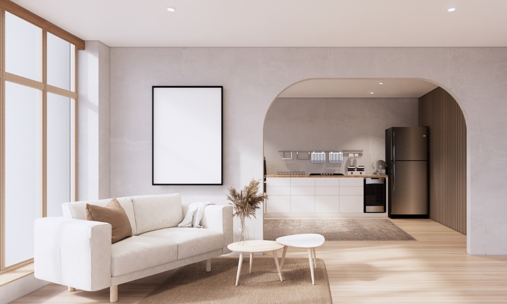large white oak finish Japandi style windows in a modern, minimal living room with a view to kitchen