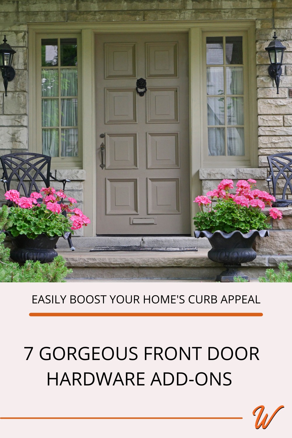 gray wood front door with a wrought iron door knocker, 8-lite sidelites, and pink flowers on the front porch captioned with "easily boost your home's curb appeal - 7 gorgeous front door hardware add-on's"