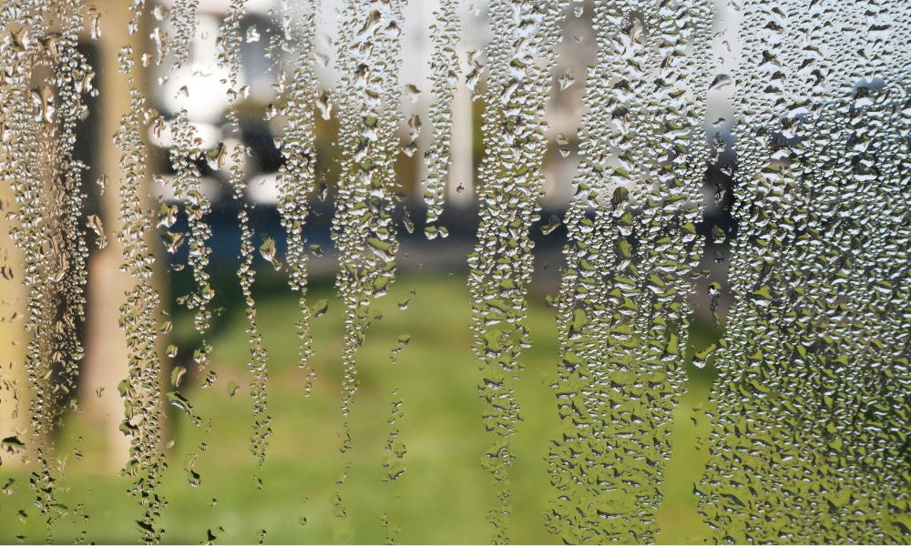 close up of condensation built up outside a window