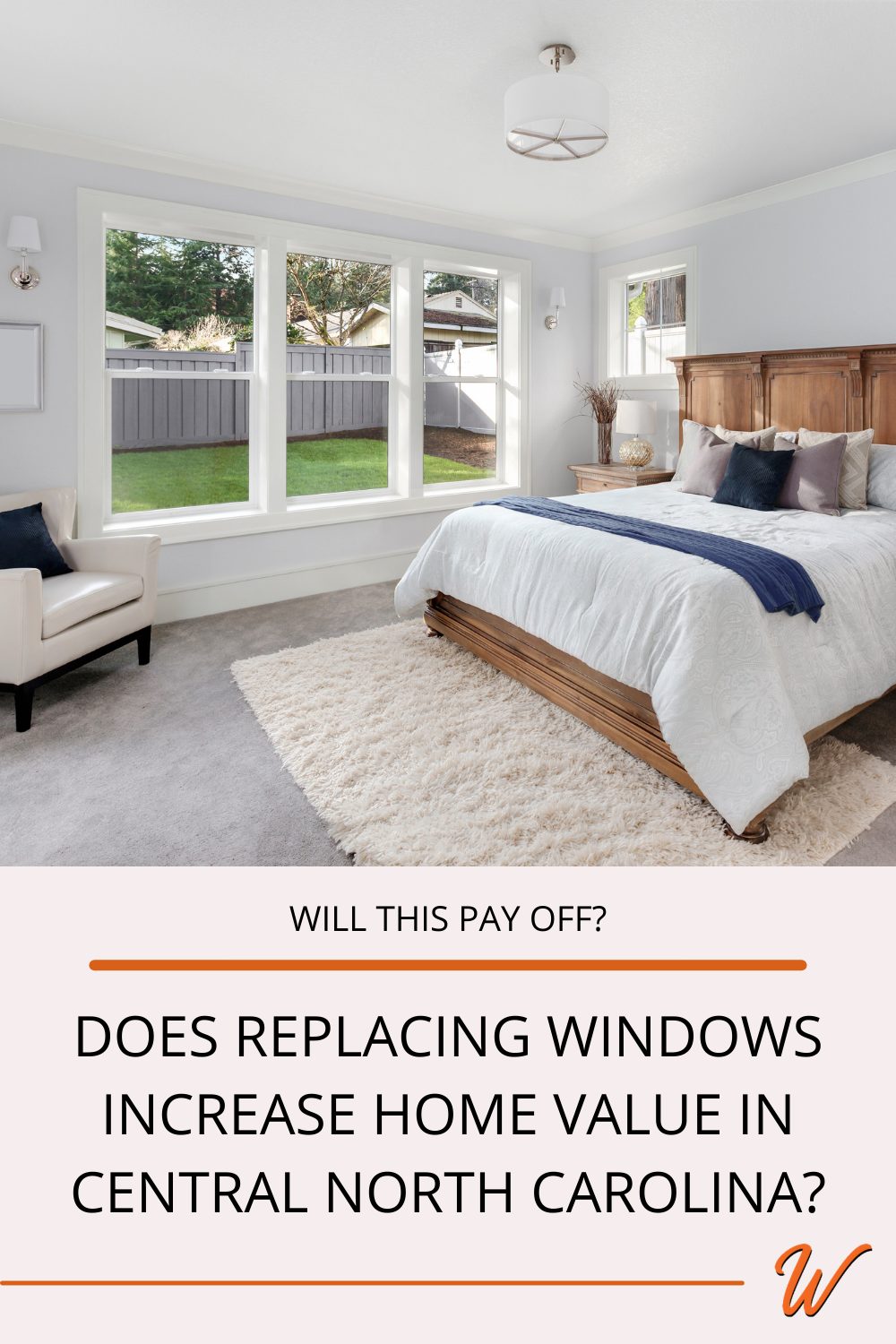 Interior of a bedroom with a triple unit of double hung windows captioned with "Will this pay off? Does replacing windows increase home value in central North Carolina?"