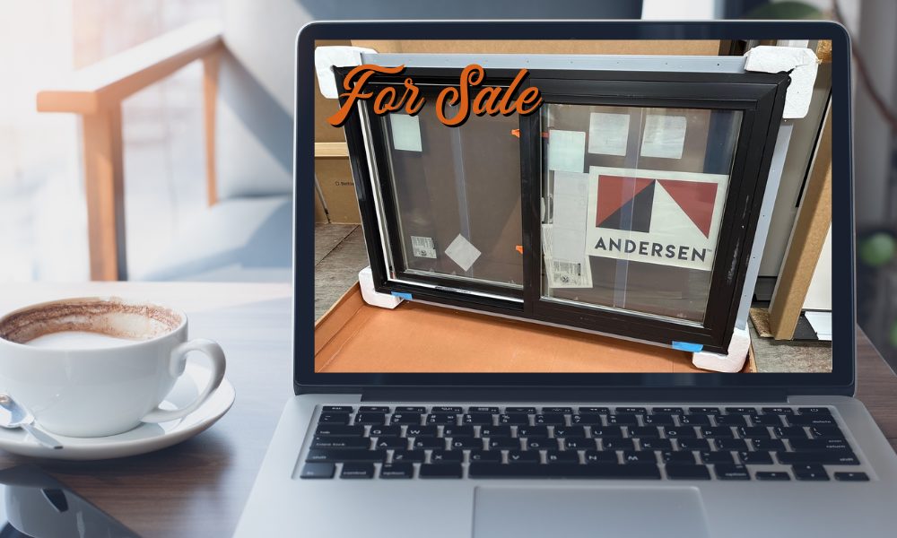 open laptop showing on the screen a brand new Andersen window labeled "For Sale"