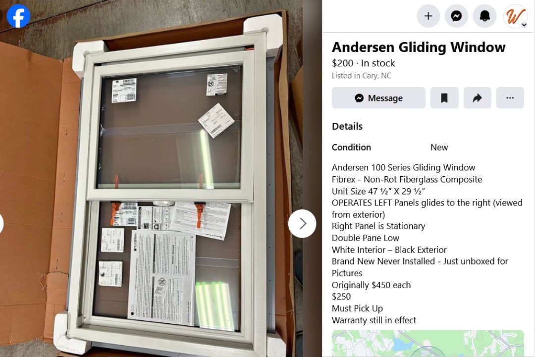 screenshot of a Facebook Marketplace listing reselling windows online