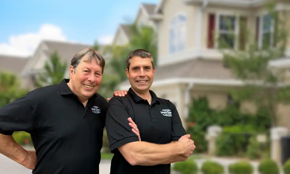 Justin and Jeff Reif, owners of Window Works Co in Cary, NC, stand in front of a house in Morrisville, NC