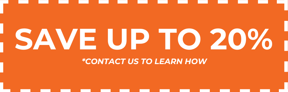 Orange coupon with a dashed border. White bold text in the center reads SAVE UP TO 20% on window installation, and smaller text below says *Contact us or visit our landing page to learn how.