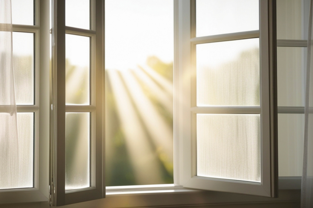 Sunlight streams through an open window with white frames, casting warm, glowing rays into a softly lit room. The best window replacements for natural light enhance the bright, peaceful morning view just beyond the gently blurred glass.