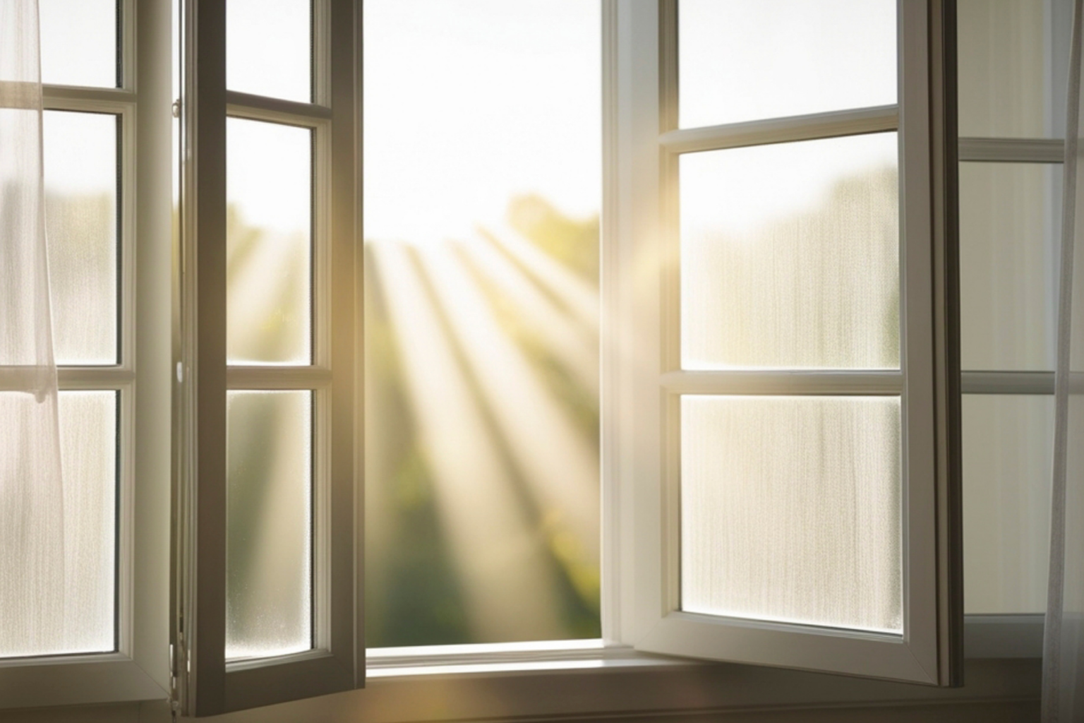 Sunlight streams through an open window with white frames, casting warm, glowing rays into a softly lit room. The best window replacements for natural light enhance the bright, peaceful morning view just beyond the gently blurred glass.