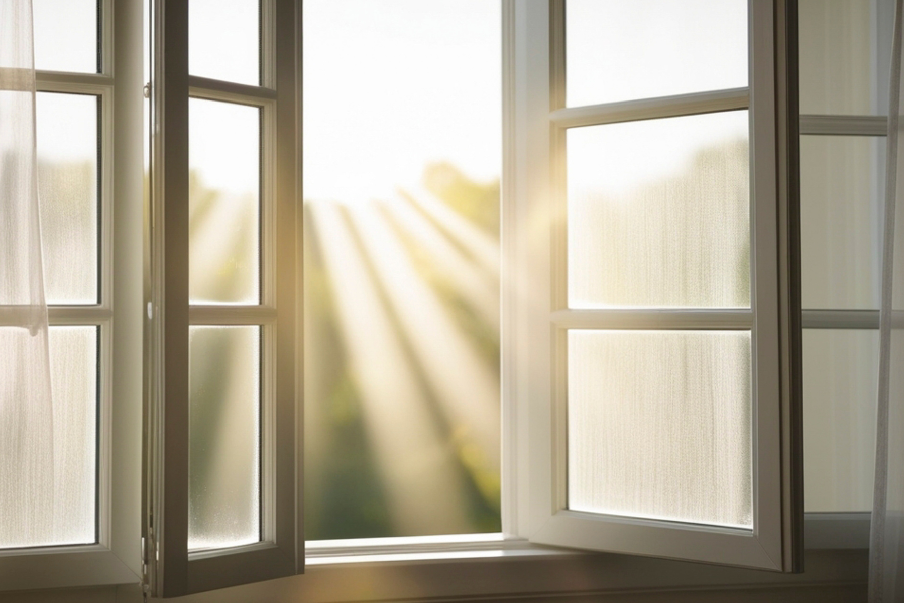 Sunlight streams through an open window with white frames, casting warm, glowing rays into a softly lit room. The best window replacements for natural light enhance the bright, peaceful morning view just beyond the gently blurred glass.