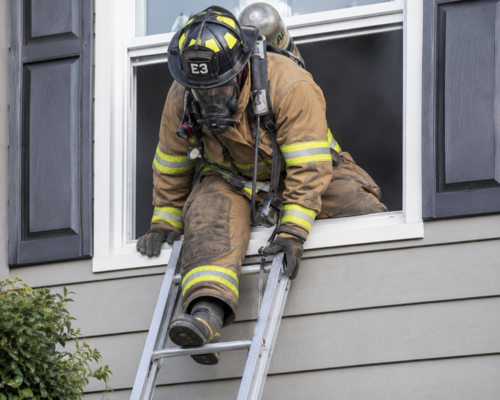a firefighter in full gear leaves a home through an open second story window