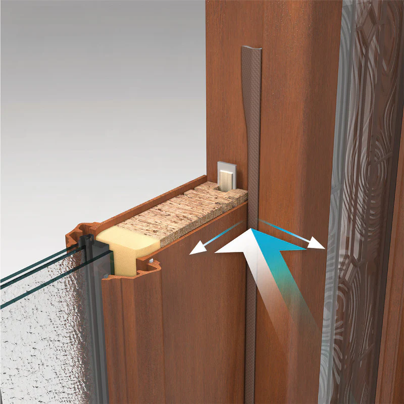 Cutaway showing how kerf weatherstripping seals a door against drafts, with the seal seated in the jamb.