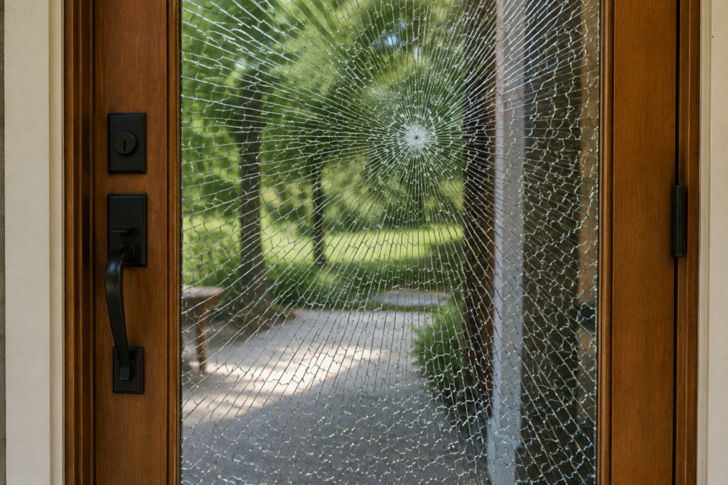 Tempered glass in a modern front entry door with a spiderweb crack pattern after impact.