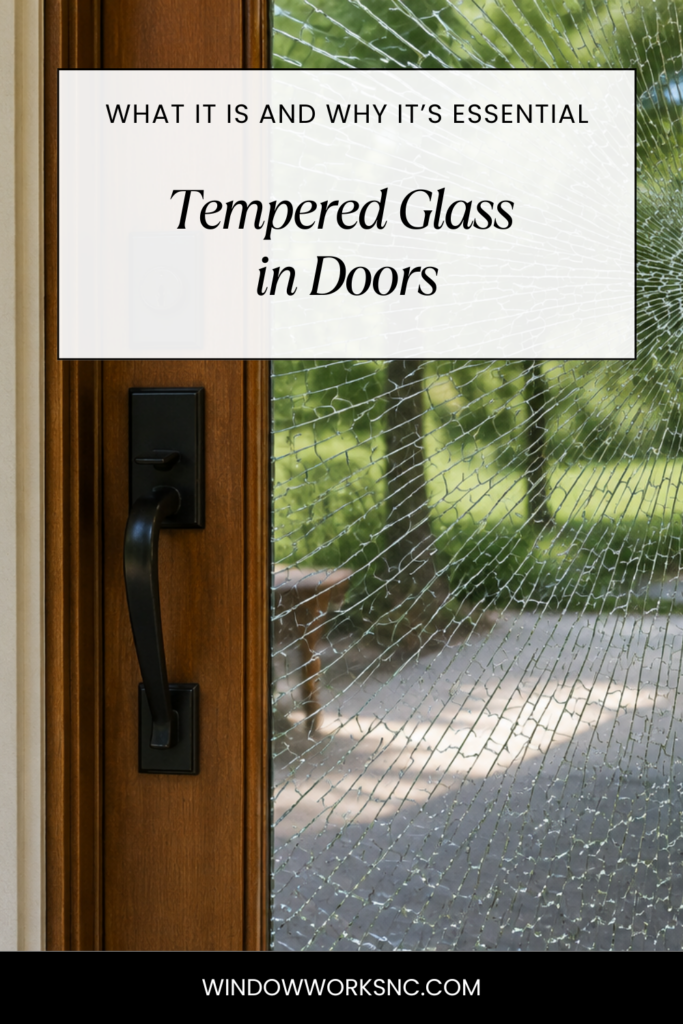 Close-up of a front entry door with shattered tempered glass that remains in place after impact. Captioned with "Tempered Glass in Doors: What it is and why its essential"