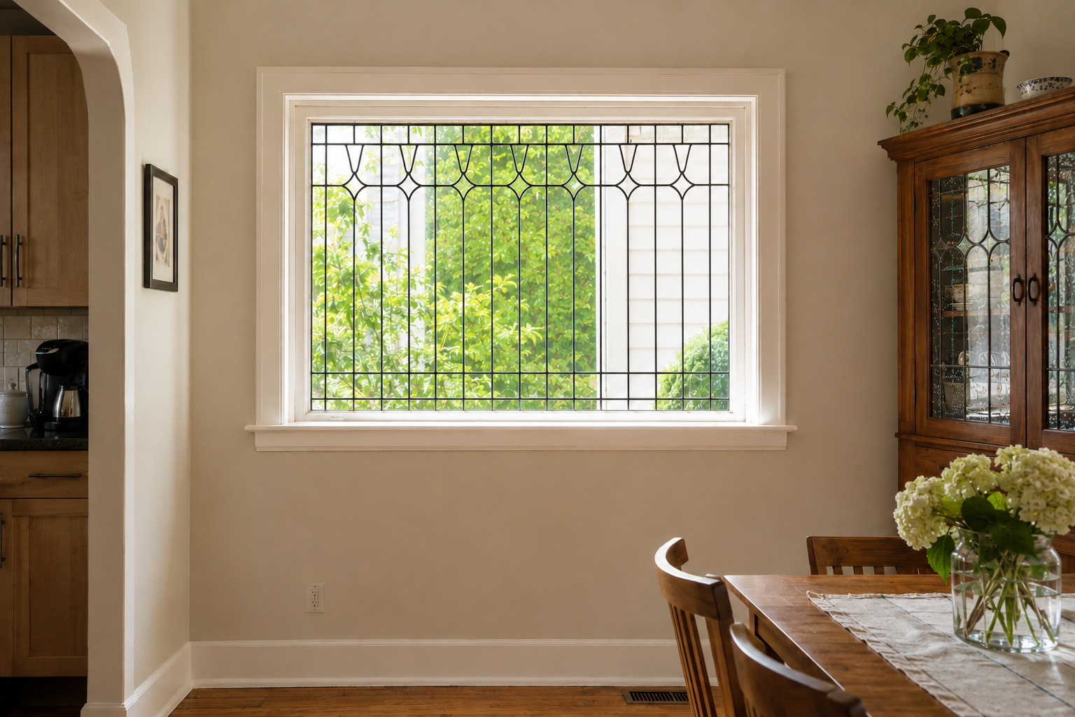 interior of a dining room with a large feature picture window with patina finish caming in a geometric pattern