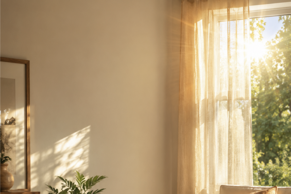 Warm late-afternoon summer sun streaming through a living room window with sheer curtains, casting bright light and shadows across the wall and floor.