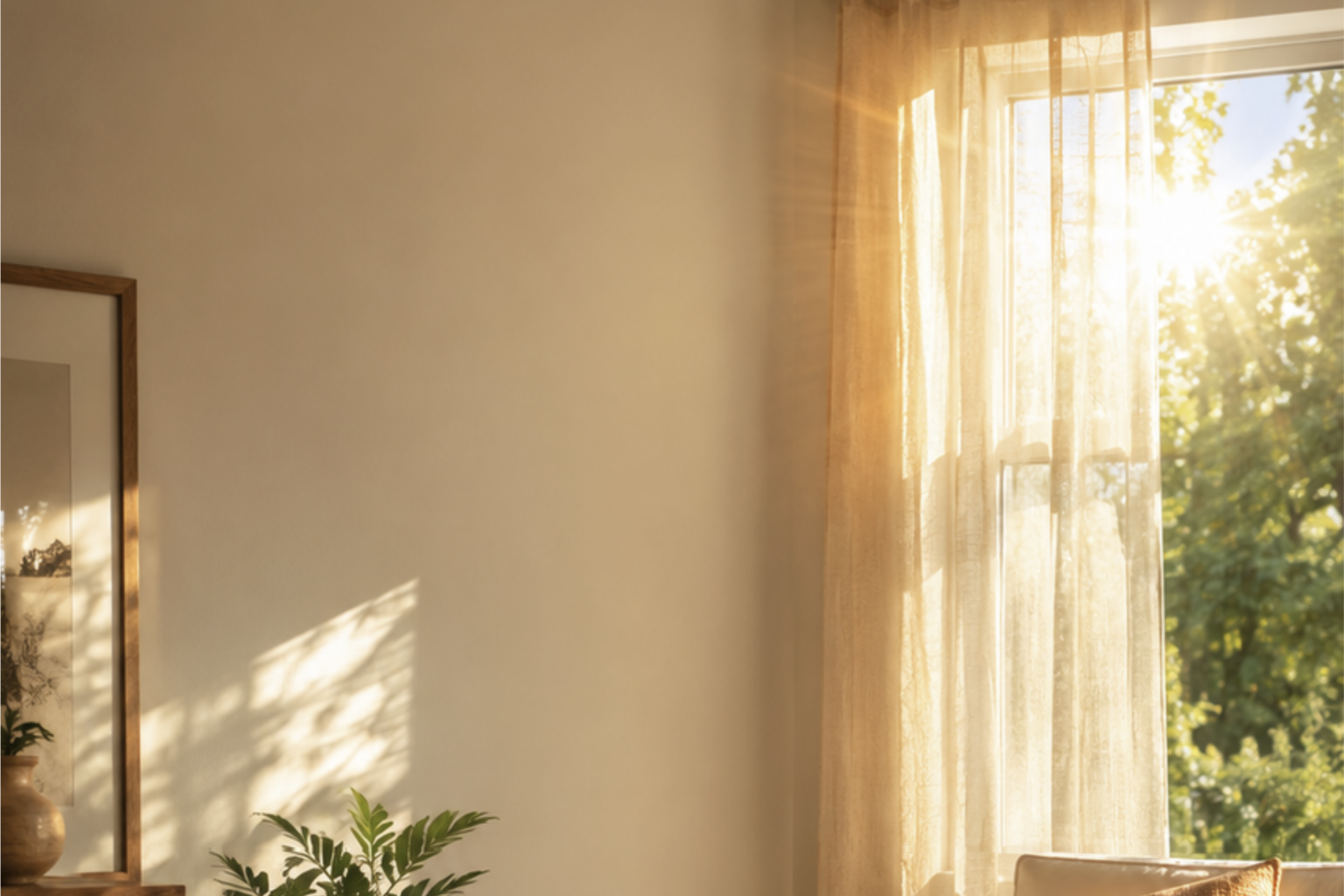 Warm late-afternoon summer sun streaming through a living room window with sheer curtains, casting bright light and shadows across the wall and floor.