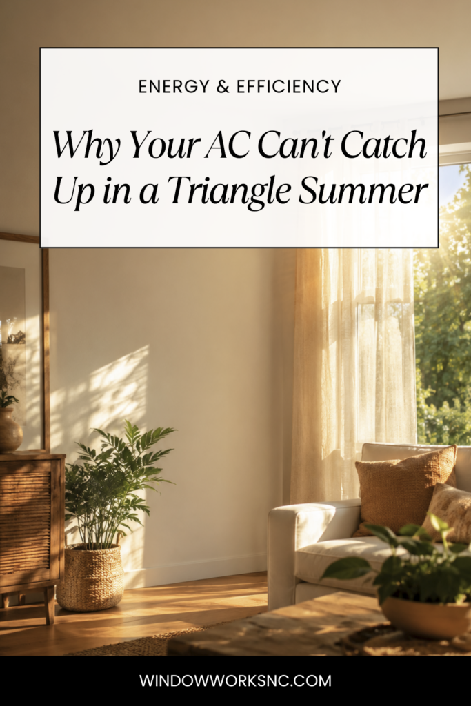 Warm late-afternoon summer sun streaming through a living room window with sheer curtains, casting bright light and shadows across the wall and floor. Captioned with 'Energy and Efficiency: Why your AC can't keep up in a Triangle, NC summer'